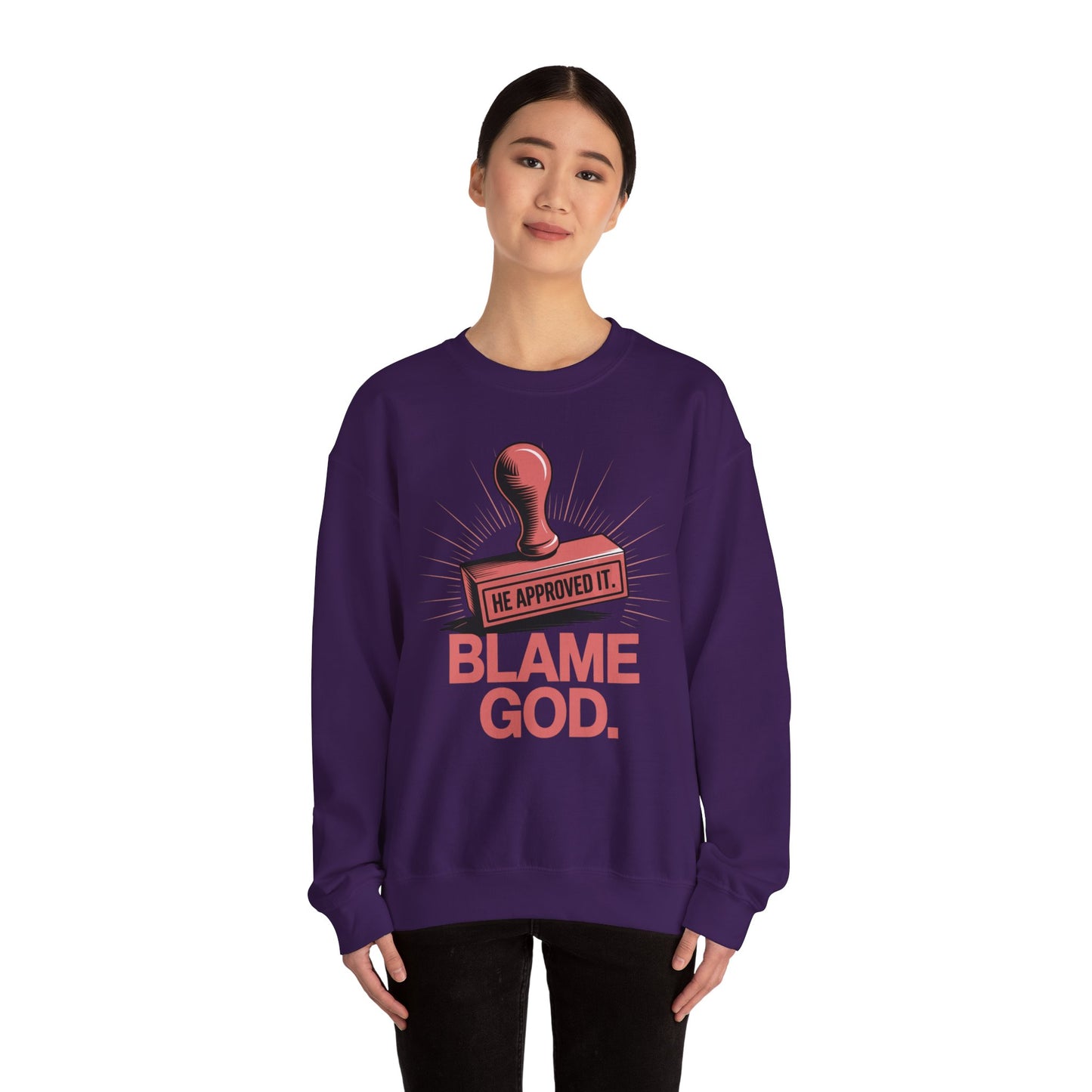 Blame God (Stamp) | Unisex Heavy Blend™ Crewneck Sweatshirt