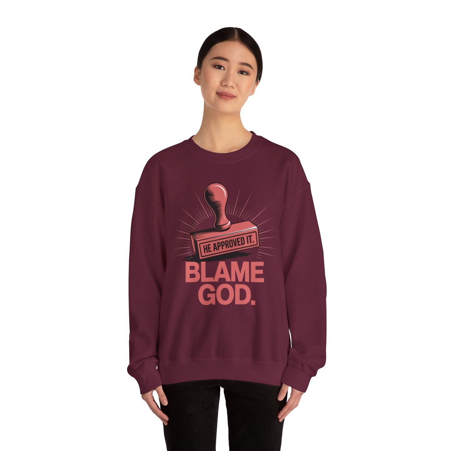 Blame God (Stamp) | Unisex Heavy Blend™ Crewneck Sweatshirt