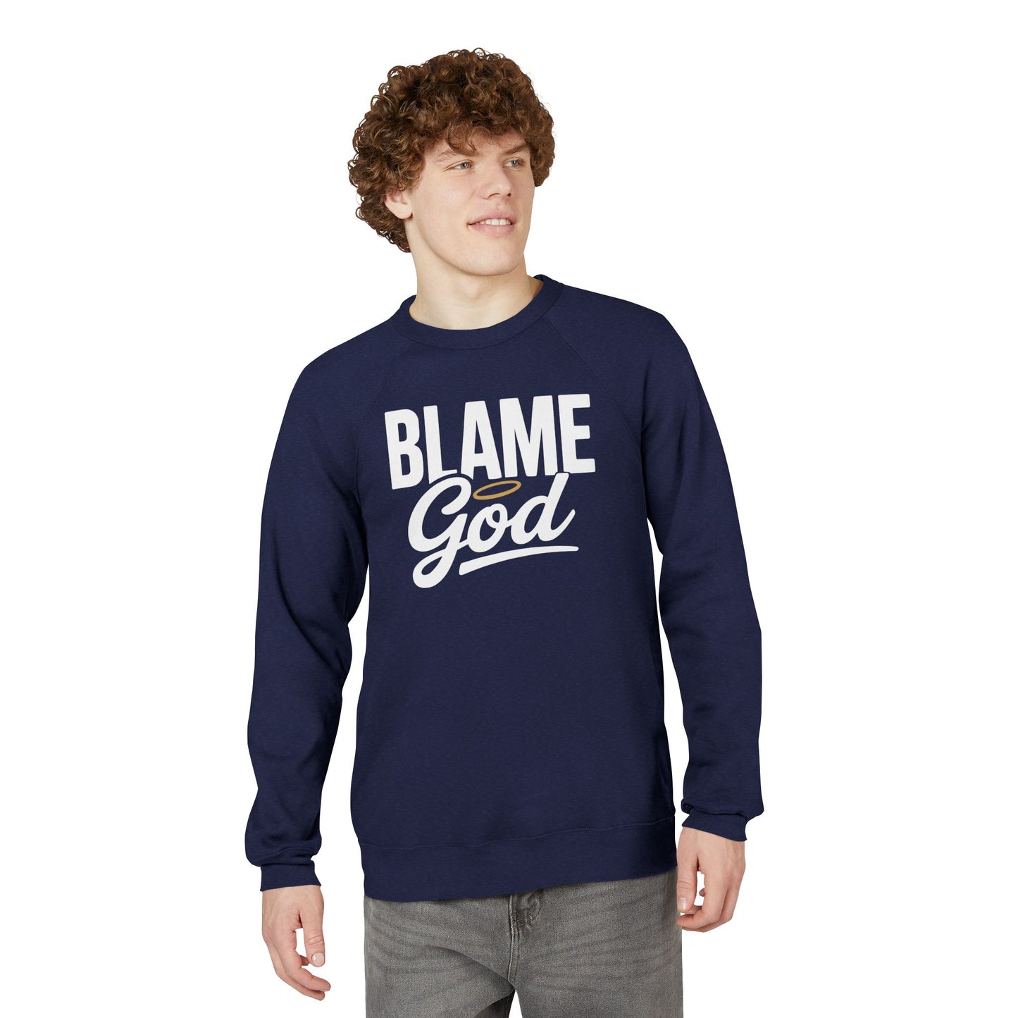 Blame God (Halo) | Unisex Sponge Fleece Raglan Sweatshirt