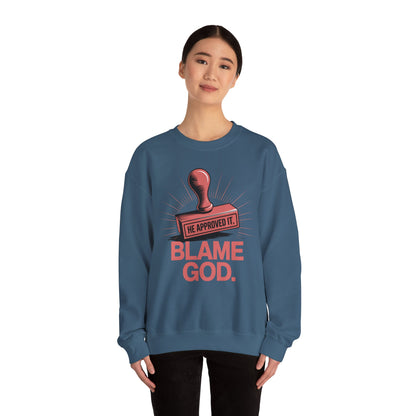 Blame God (Stamp) | Unisex Heavy Blend™ Crewneck Sweatshirt