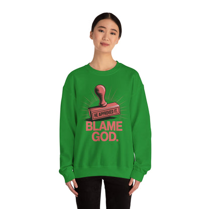 Blame God (Stamp) | Unisex Heavy Blend™ Crewneck Sweatshirt