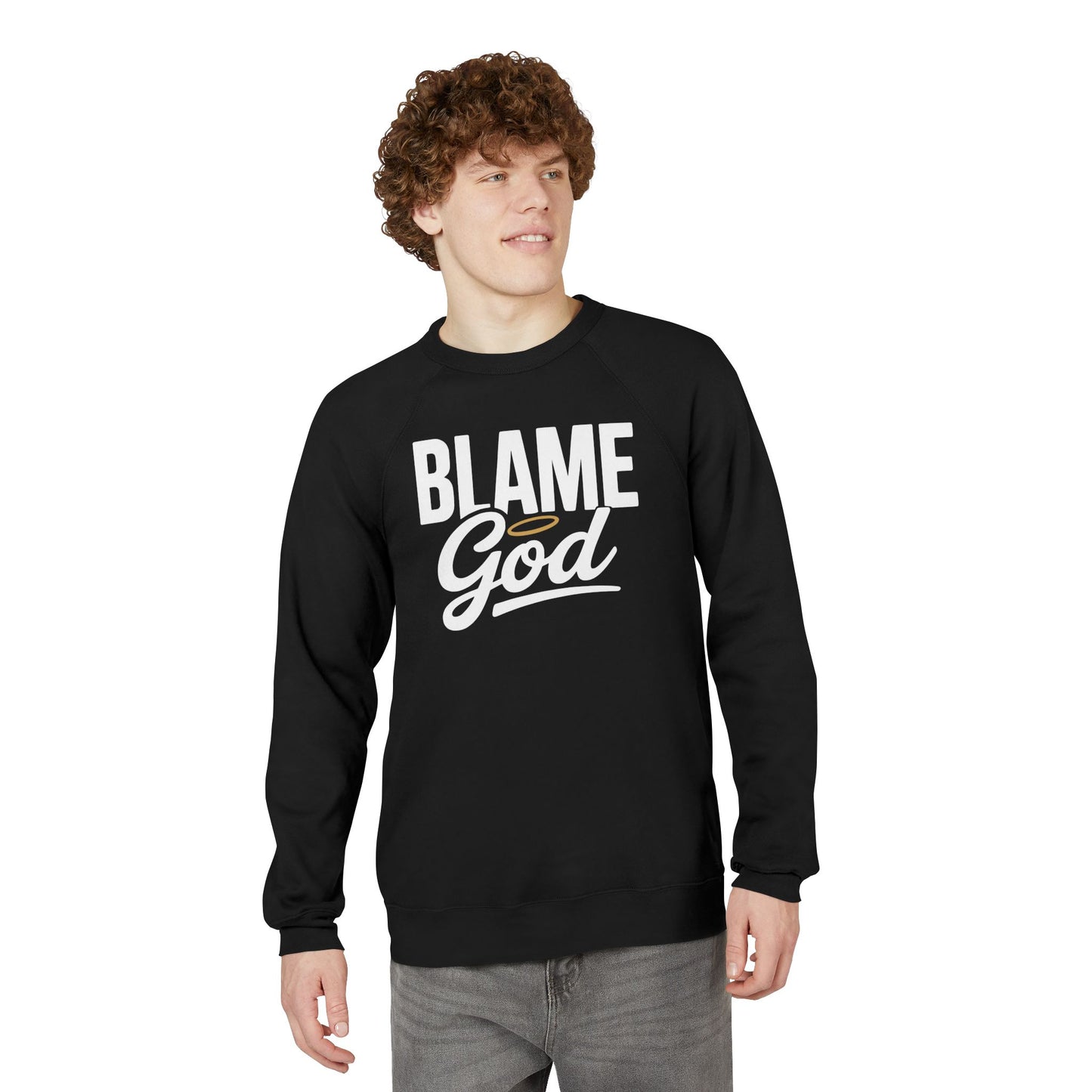 Blame God (Halo) | Unisex Sponge Fleece Raglan Sweatshirt