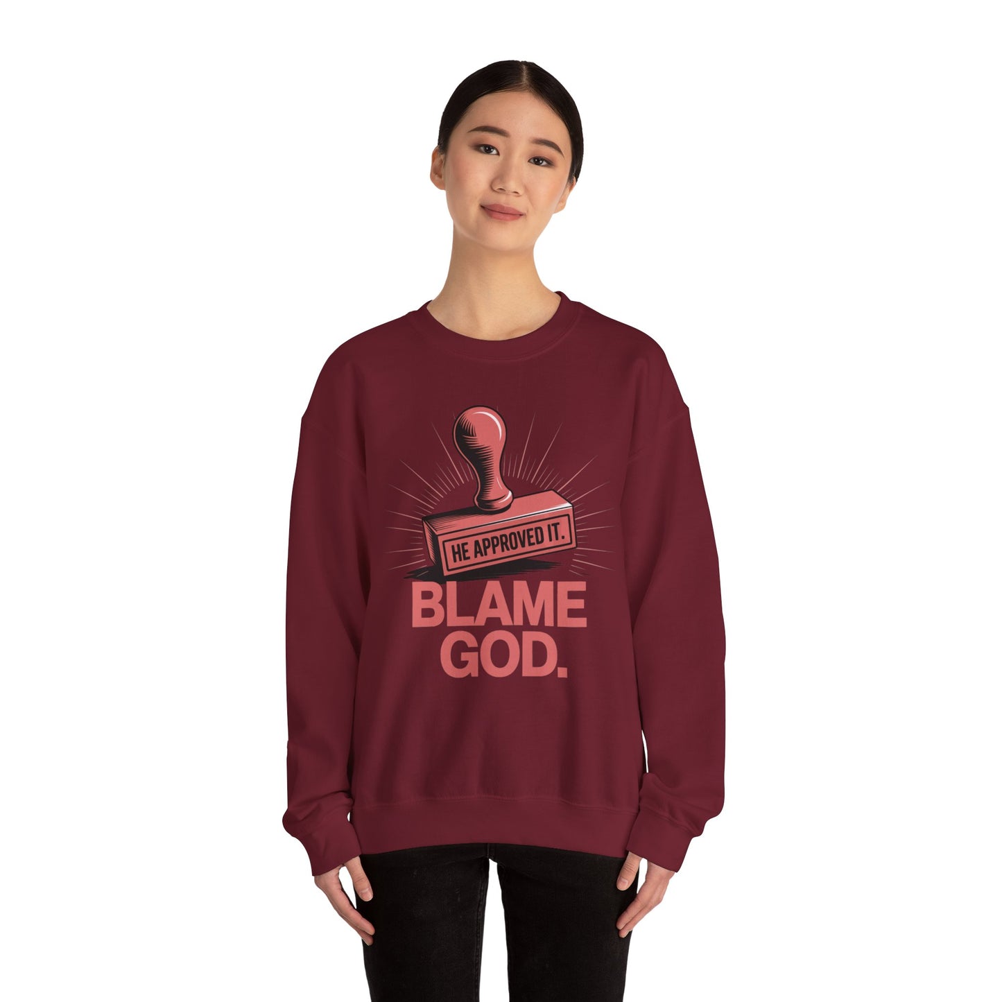 Blame God (Stamp) | Unisex Heavy Blend™ Crewneck Sweatshirt