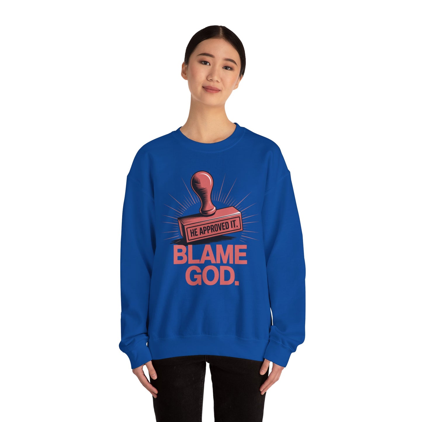 Blame God (Stamp) | Unisex Heavy Blend™ Crewneck Sweatshirt