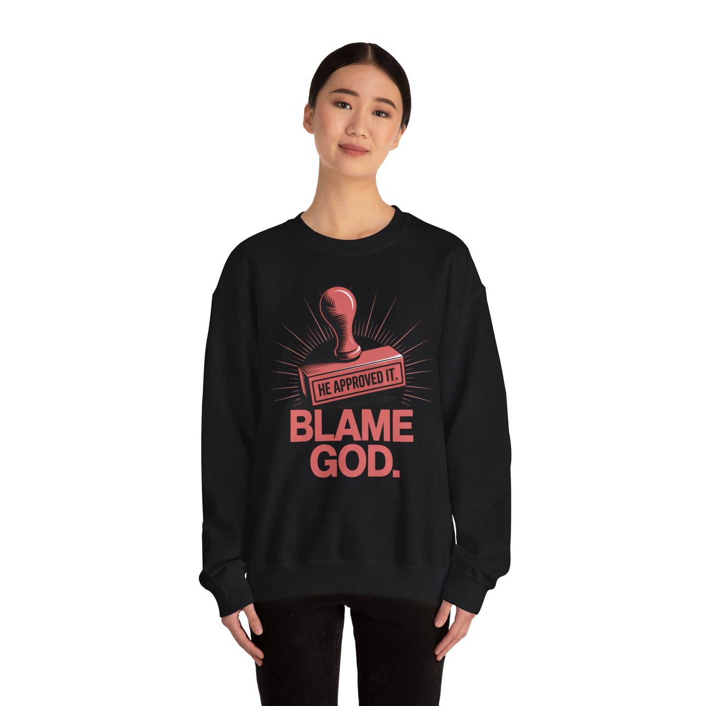 Blame God (Stamp) | Unisex Heavy Blend™ Crewneck Sweatshirt